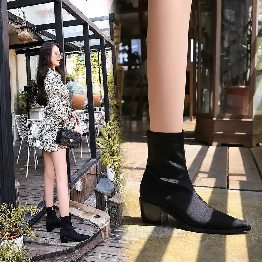 Spring And Autumn Women's Short Boots Fashionable And Comfortable Thick Heels High Heels Pointed Elastic Casual Short Boots
Spring And Autumn Women's Short Boots Fashionable And Comfortable Thick Heels High Heels Pointed Elastic Casual Short Boots
