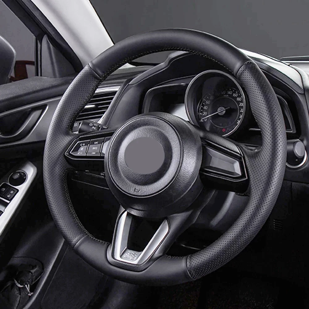 

DIY Black Comfortable Wearable Genuine Leather car Steering Wheel Cover For Mazda 3 2014 2015 2016 2017 2018 2019