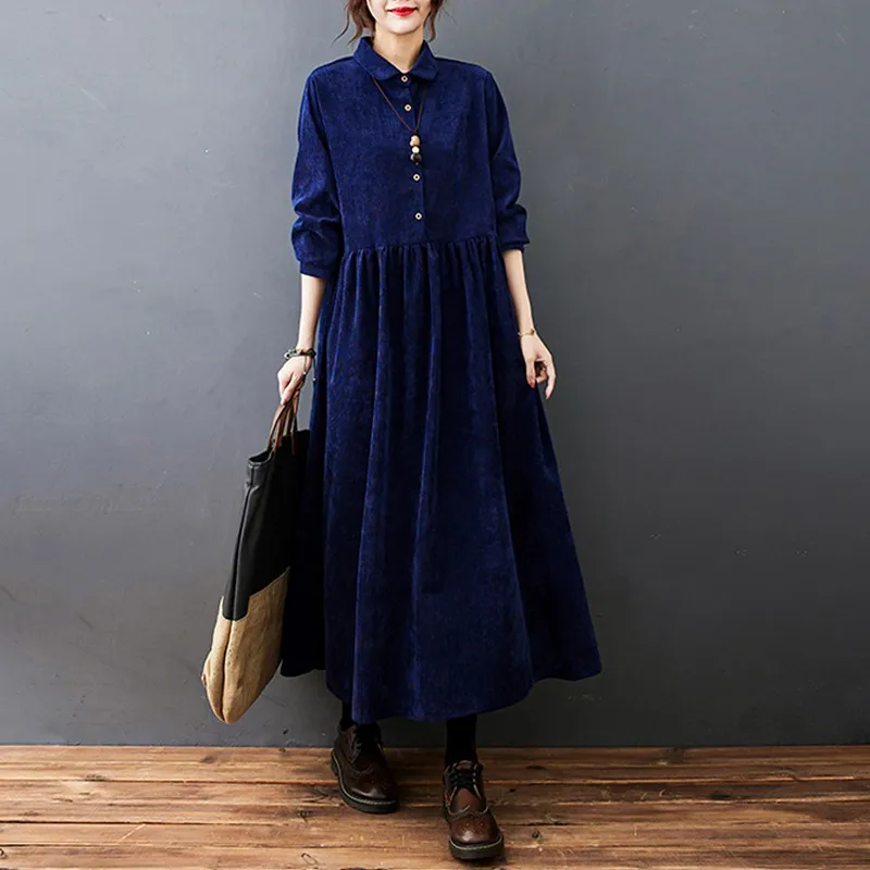 2022 Spring Corduroy Women Dress Turn-Down Collar Long Sleeve Loose Casual dresses lady Work dress Robe
2022 Spring Corduroy Women Dress Turn-Down Collar Long Sleeve Loose Casual dresses lady Work dress Robe