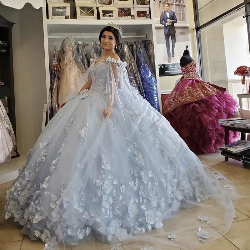 Светильник-голубое платье Quinceanera 2021 с открытыми плечами цветами блестками