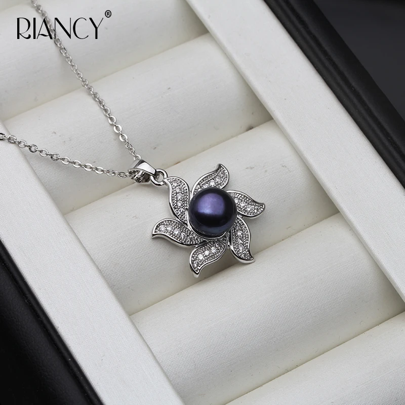 

Fashion black Natural Freshwater Pearl Pendants Anniversary Delicate flowers necklace For Women wedding gift