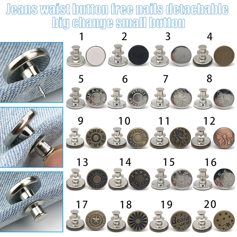 10pcs Retractable Jeans Button Adjustable Removable Stapleless Metal Button Zinc Alloy Round SER88
10pcs Retractable Jeans Button Adjustable Removable Stapleless Metal Button Zinc Alloy Round SER88