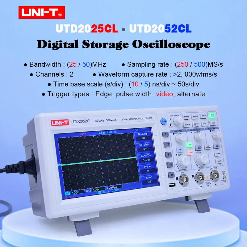 Цифровой осциллограф UNI-T UTD2025CL UTD2052CL, 2-канальный 250-500 мс/с частотой дискретизации, 7-дюймовый TFT ЖК-измеритель, 100-240VAC
Цифровой осциллограф UNI-T UTD2025CL UTD2052CL, 2-канальный 250-500 мс/с частотой дискретизации, 7-дюймовый TFT ЖК-измеритель, 100-240VAC