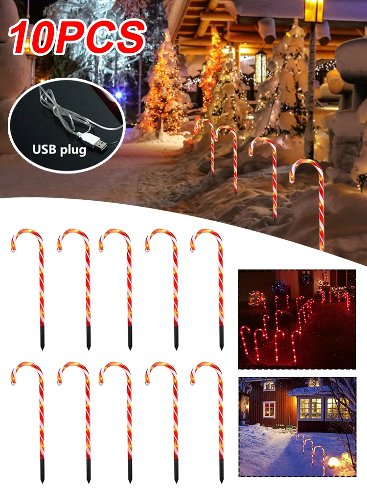 

5/10PCS Christmas Candy Cane Light Pathway Markers Solar Festival Lights Ground Spike Light Tree Decoration Garden Pathway Lawn