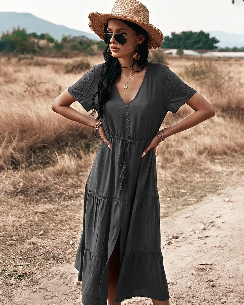 2021 Casual Holiday V-neck Hollow Summer Out Decor Short Sleeve Long Dress Women Solid Drawstring Pleated Robe Maxi Vestidos
2021 Casual Holiday V-neck Hollow Summer Out Decor Short Sleeve Long Dress Women Solid Drawstring Pleated Robe Maxi Vestidos