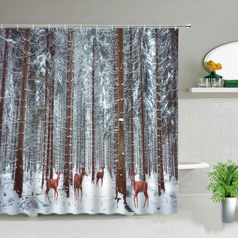

Winter Forest Landscape Shower Curtain Deer Snow Scene Scenery Bathroom Decor Waterproof Fabric Bathroom Screen Bath Curtains