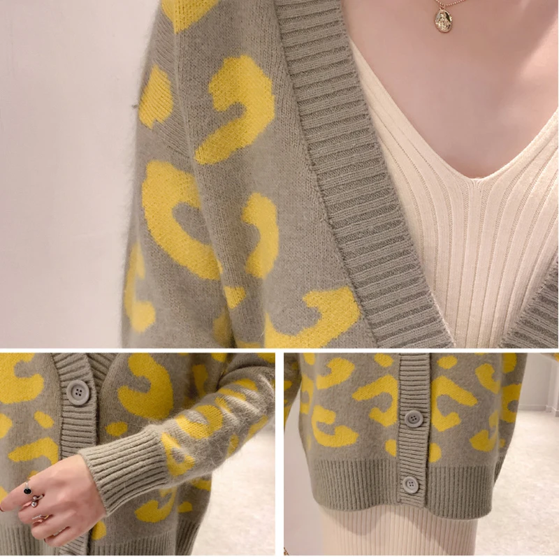 Fashion Leopard Button up Knitted Cardigan Women Spring Autumn Casual Loose V-Neck Sweater jacket Korean Style Jumper Tops 2021
Fashion Leopard Button up Knitted Cardigan Women Spring Autumn Casual Loose V-Neck Sweater jacket Korean Style Jumper Tops 2021