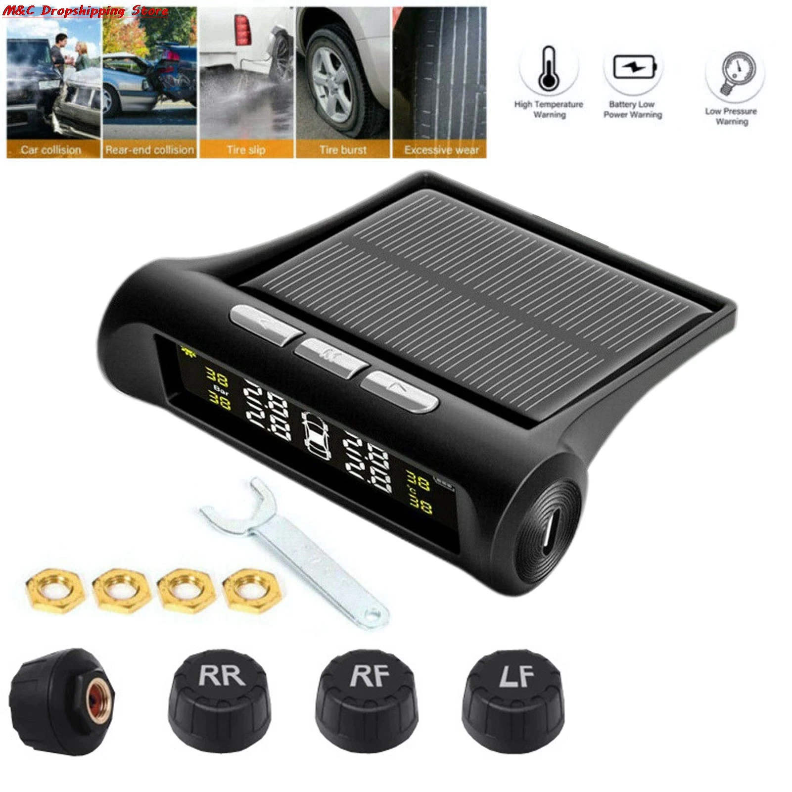 Car TPMS Tire Pressure Sensor Monitoring System Smart Solar Power LCD Display Auto Security Alarm Systems Tyre Temp Warning
Car TPMS Tire Pressure Sensor Monitoring System Smart Solar Power LCD Display Auto Security Alarm Systems Tyre Temp Warning