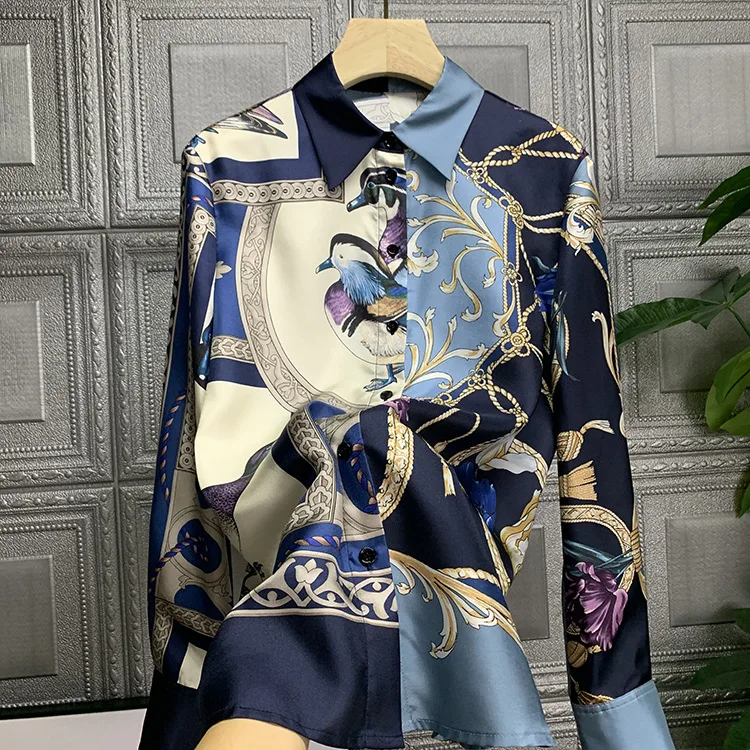 Italy style Birds print long sleeves Shirts Women's High quality runways Shirt blouses C037 
Italy style Birds print long sleeves Shirts Women's High quality runways Shirt blouses C037