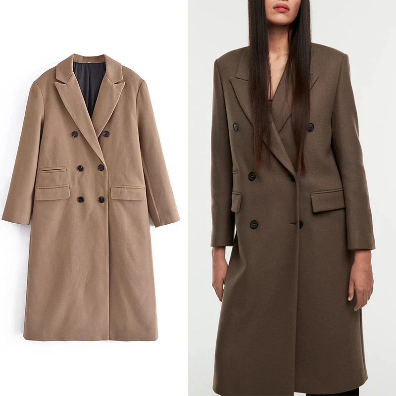 Женское длинное шерстяное пальто ZA, однотонное теплое двубортное пальто с карманами, модная уличная одежда, осень-зима 2021
Женское длинное шерстяное пальто ZA, однотонное теплое двубортное пальто с карманами, модная уличная одежда, осень-зима 2021