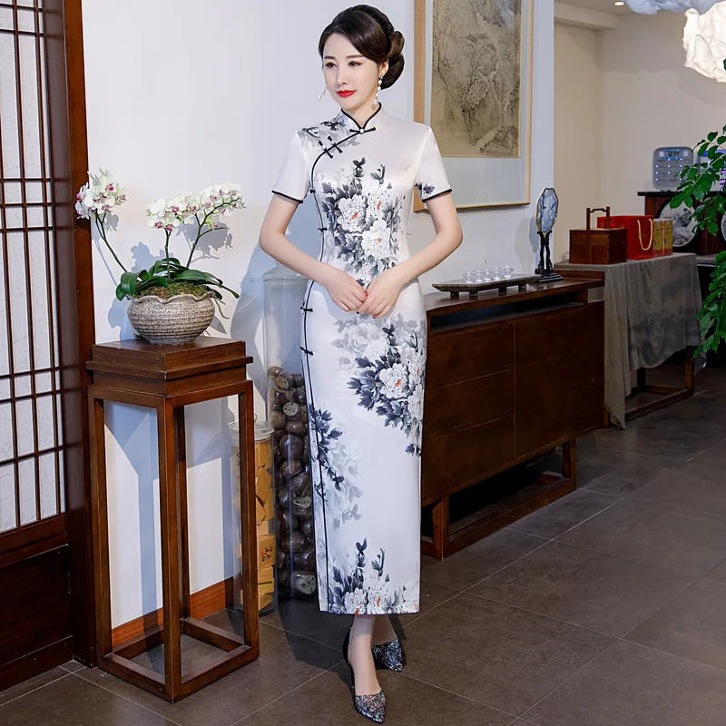 

Vestidos Improved Classic Slim Qipao Sexy Satin Mandarin Collar Chinese Dress Short Sleeve Elegant Oriental Cheongsams Prom Gown