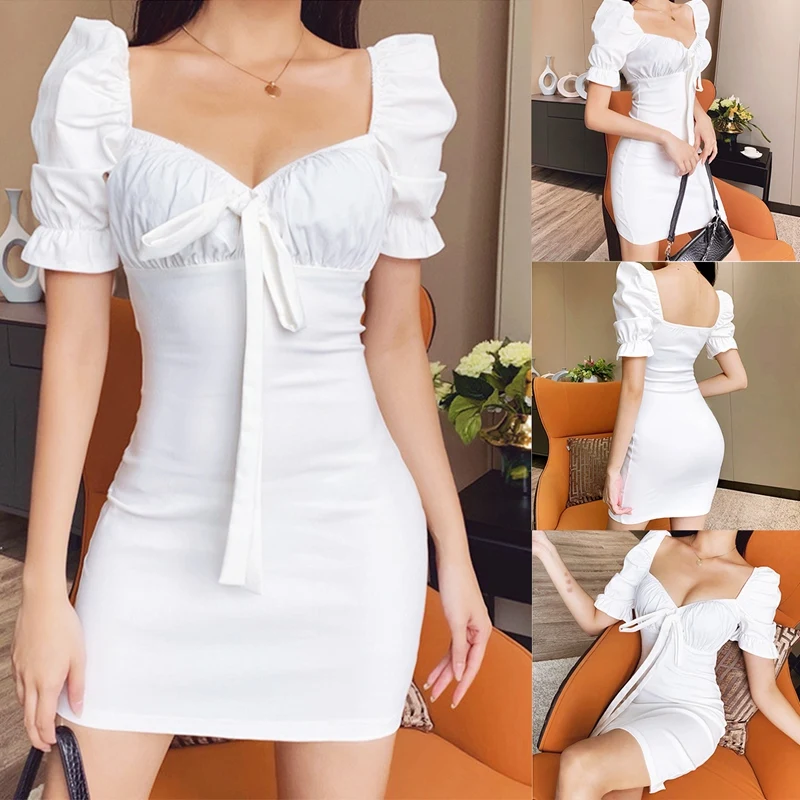 Женское Повседневное платье с рюшами, белое однотонное Бандажное мини-платье с пышными рукавами, летние женские платья 
Женское Повседневное платье с рюшами, белое однотонное Бандажное мини-платье с пышными рукавами, летние женские платья