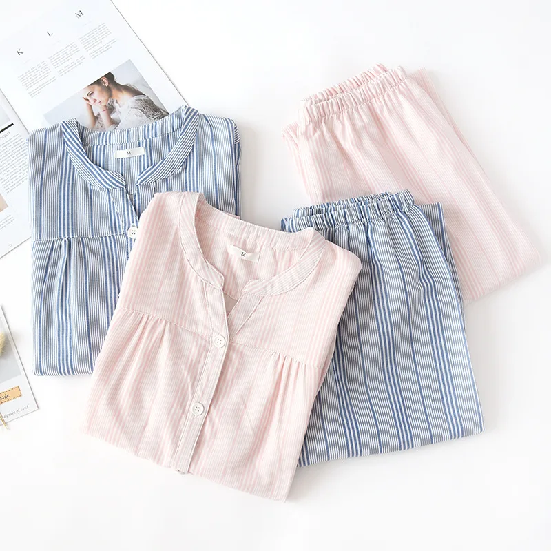 Cotton Lady Pajamas Suit Lady Long-sleeved Trousers Set Striped Women's Lounger Wear Simple Thin Home Cloth
Cotton Lady Pajamas Suit Lady Long-sleeved Trousers Set Striped Women's Lounger Wear Simple Thin Home Cloth