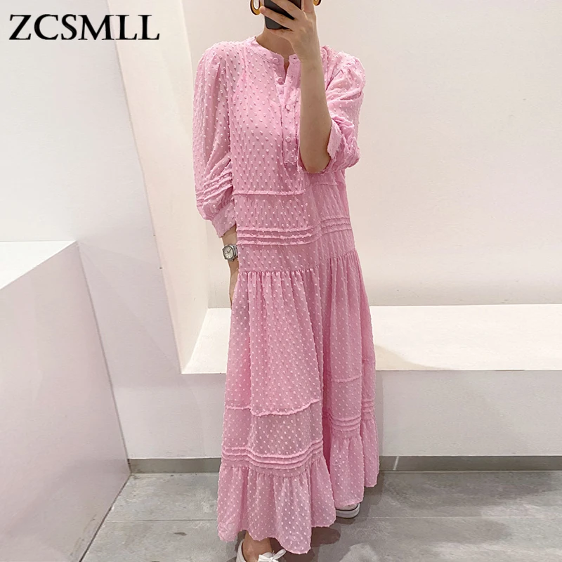 

ZCSMLL Korea Gentle Three-dimensional Wave Dot dresses Round Neck Single-breasted Loose Puff Sleeve Ruffle Dress Female