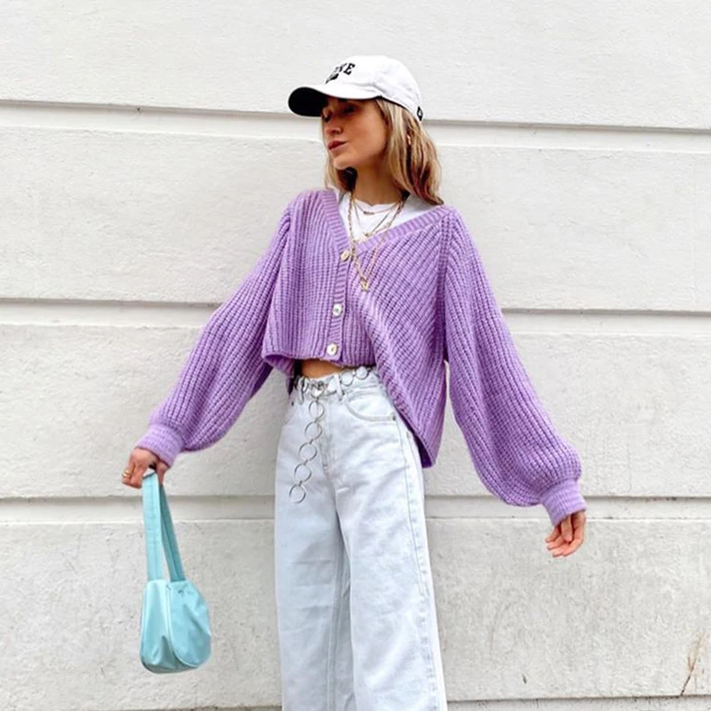 Женский укороченный кардиган с пышными рукавами, повседневный пуловер свободного покроя фиолетового цвета на осень ASSW81523 
Женский укороченный кардиган с пышными рукавами, повседневный пуловер свободного покроя фиолетового цвета на осень ASSW81523