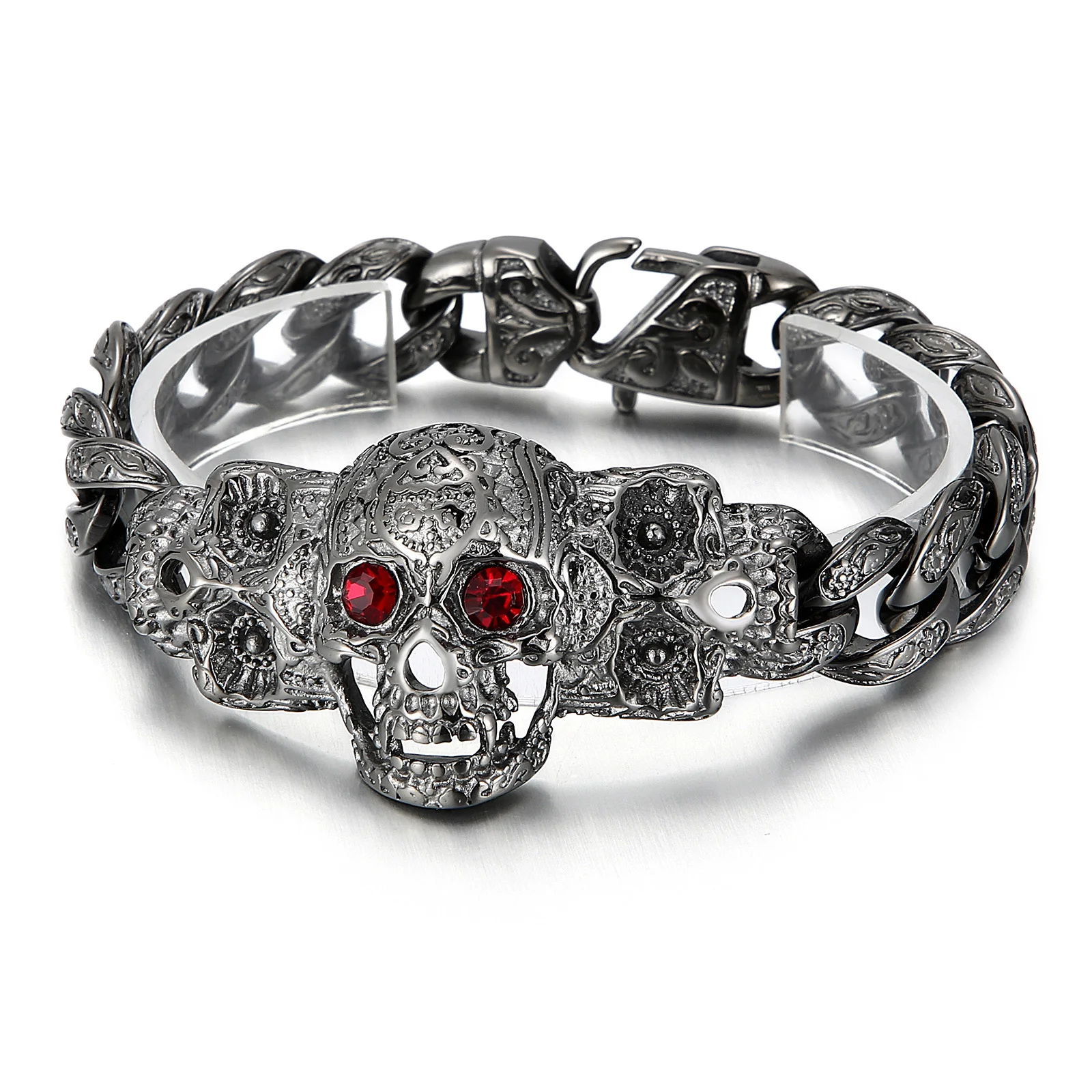 Punk Skull Bracelet For Men Red Cubic Zircon Locomotive Engraving Charm Wrist Vikings Bagles Male Retro Stainless Steel Jewelry
Punk Skull Bracelet For Men Red Cubic Zircon Locomotive Engraving Charm Wrist Vikings Bagles Male Retro Stainless Steel Jewelry