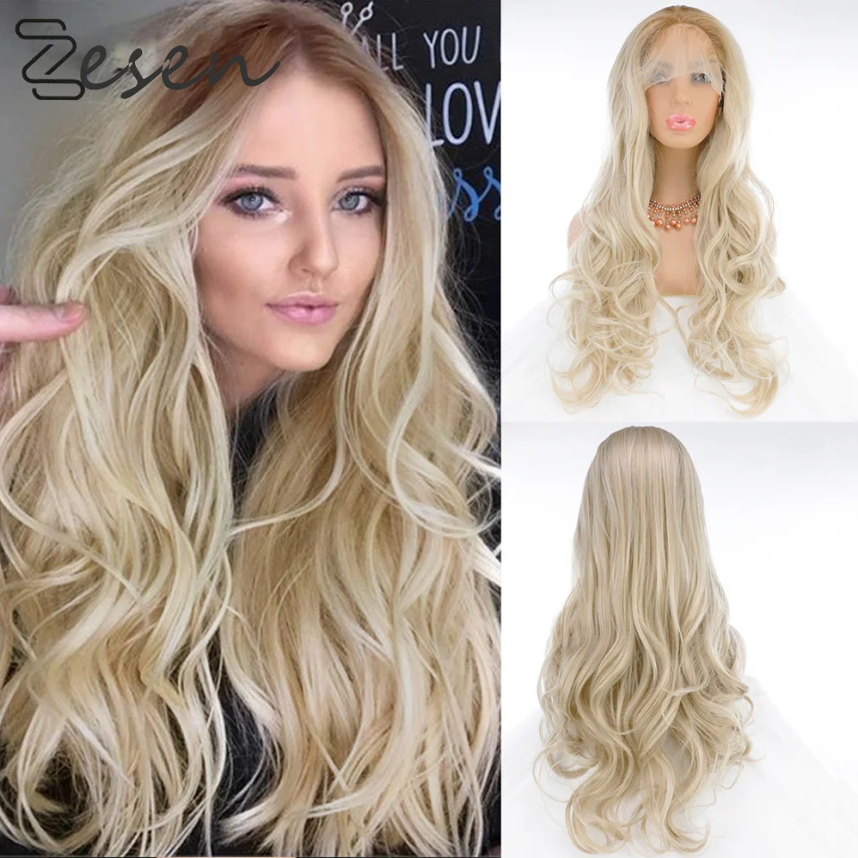 Zesen средней части Омбре блонд длинные волнистые волосы 13 × 4 синтетический парик