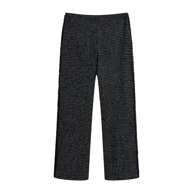 Женские твидовые брюки с широкими штанинами, высокой талией и молнией сбоку
Женские твидовые брюки с широкими штанинами, высокой талией и молнией сбоку