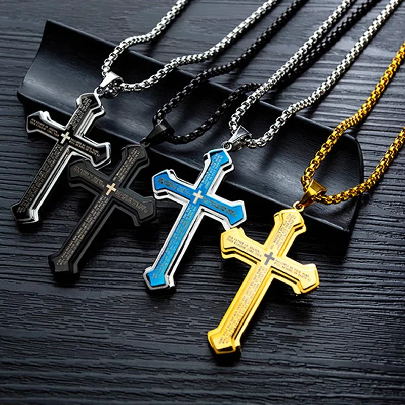 

Men Women Vintage Gothic Three-tiered Bible Cross Pendant Necklace Stainless Steel Choker Cool Street Style Jewelry Wholesale