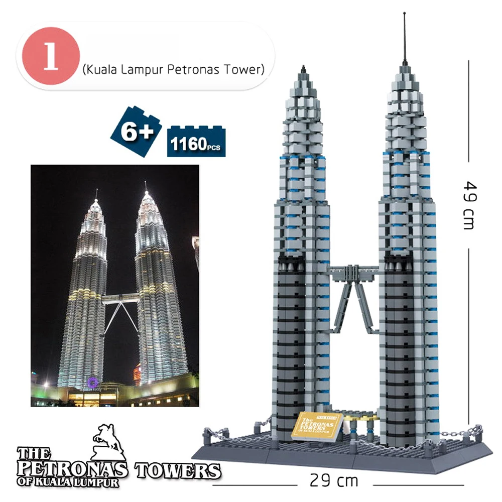 Wange 5213 New Famous Architecture Series The Kuala Lampur Petronas Tower 3D Model Building Blocks Classic Toys For Children 
Wange 5213 New Famous Architecture Series The Kuala Lampur Petronas Tower 3D Model Building Blocks Classic Toys For Children