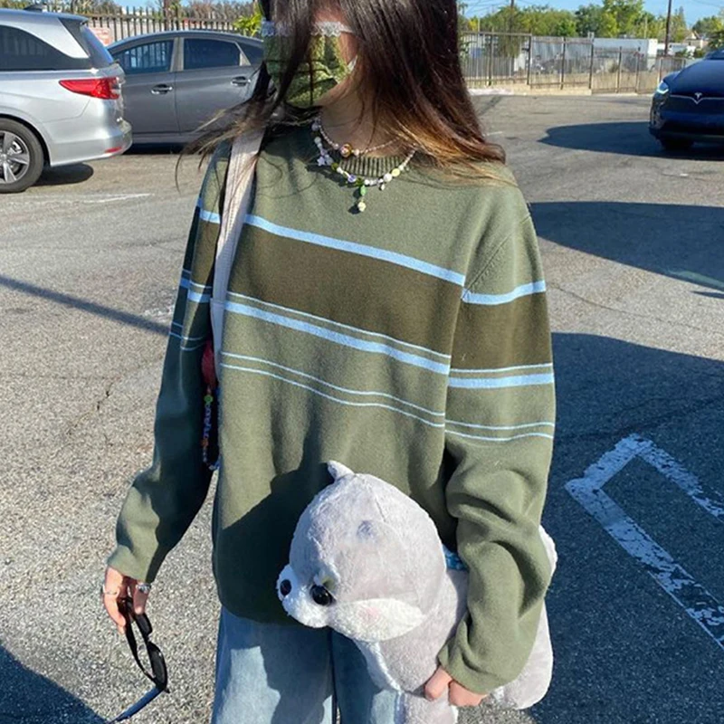 Женский трикотажный свитер в полоску, винтажный пуловер оверсайз с длинным рукавом и круглым вырезом, осень 2021
Женский трикотажный свитер в полоску, винтажный пуловер оверсайз с длинным рукавом и круглым вырезом, осень 2021