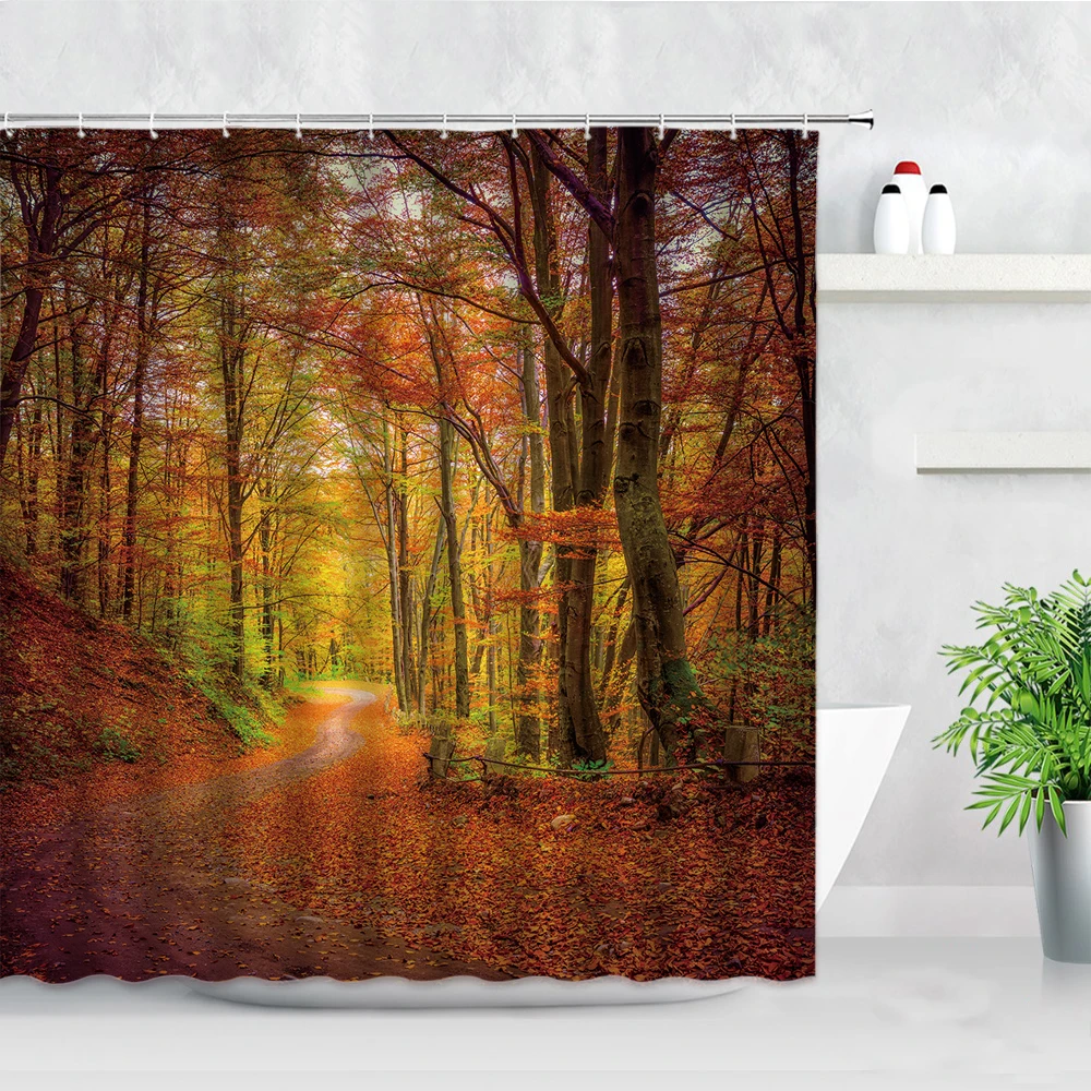 

Dream Forest Path Red Maple Tree Waterproof Fabric Shower Curtains Leaves Autumn Scenery Modern Decor Hooks Bathroom Curtain Set