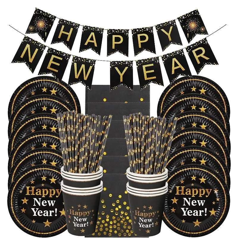 69pcs Black gold Disposable tableware set New Year Party Decorations Plates Paper Cups Banner New Year 2022 Eve Party Supplies
69pcs Black gold Disposable tableware set New Year Party Decorations Plates Paper Cups Banner New Year 2022 Eve Party Supplies