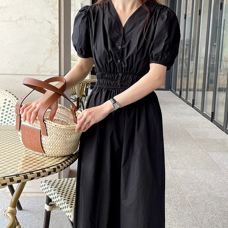 Summer New Style Korean Fashion Temperament Vestidos Female V-neck Fold Waist Single-breasted Puff Sleeve Midi Dress DK1275
Summer New Style Korean Fashion Temperament Vestidos Female V-neck Fold Waist Single-breasted Puff Sleeve Midi Dress DK1275
