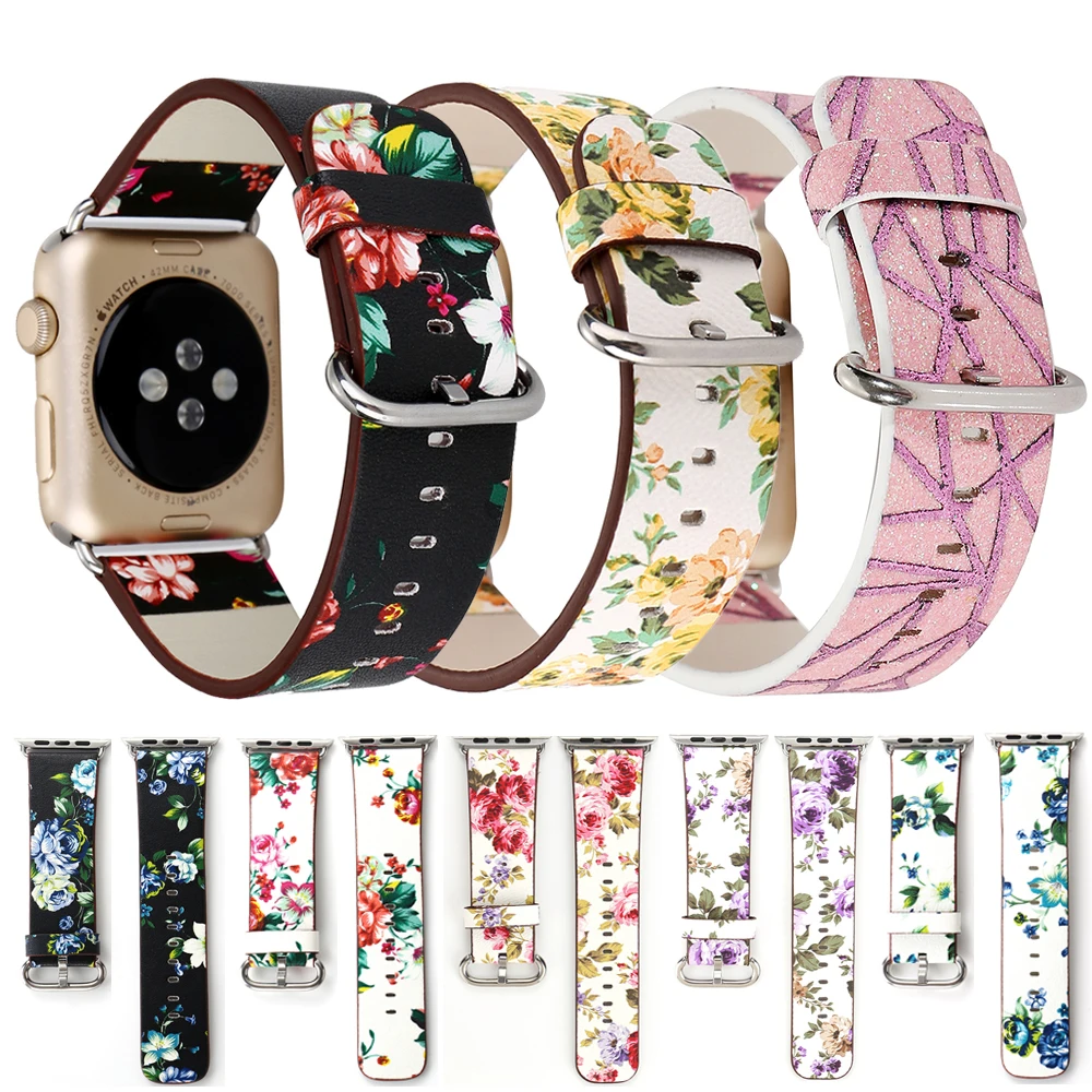 Ремешок из натуральной кожи для Apple Watch 5 4 40 мм 44 38 42 браслет с цветочным принтом
