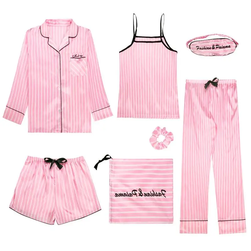 New Pink 7 Pieces Women's Pajamas Sets Faux Silk Striped Pyjama Women's Pajamas Sleepwear Suit Spring Summer Homewear
New Pink 7 Pieces Women's Pajamas Sets Faux Silk Striped Pyjama Women's Pajamas Sleepwear Suit Spring Summer Homewear