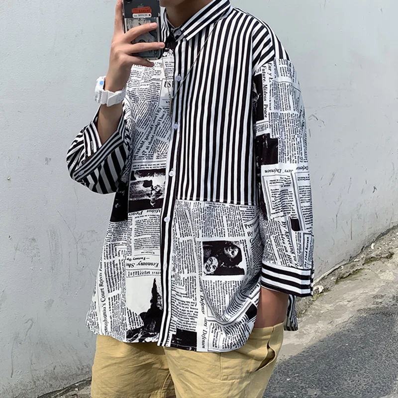 New men's shirt fashion slim striped shirt hip-hop trend seven-quarter sleeve magazine printing stitching shirt male black 5XL
New men's shirt fashion slim striped shirt hip-hop trend seven-quarter sleeve magazine printing stitching shirt male black 5XL