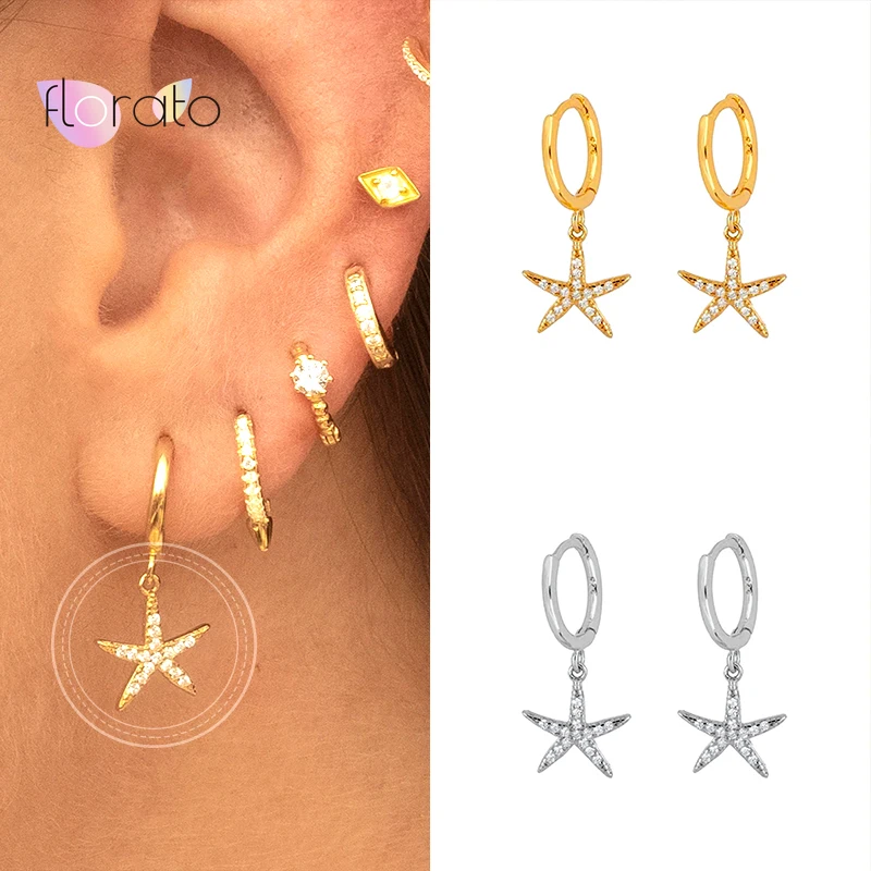 925 Sterling Silver Ear Buckle Starfish Pendant Earrings Gold Color Star CZ Zircon Small Circle Huggie Hoop Earrings For Women
925 Sterling Silver Ear Buckle Starfish Pendant Earrings Gold Color Star CZ Zircon Small Circle Huggie Hoop Earrings For Women