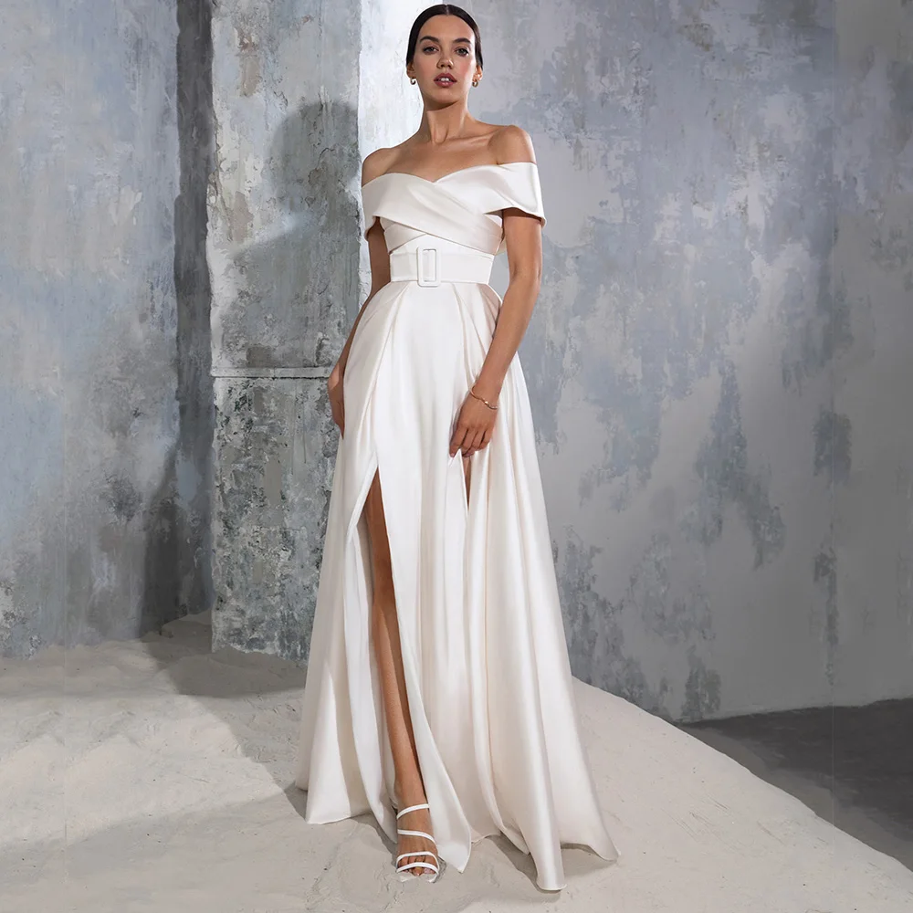 Charming Off-The-Shoulder Strapless Wedding Dresses Sleeveless Side Slit Floor-Length Sashes with Jersey Zipper Back Court Train 
Charming Off-The-Shoulder Strapless Wedding Dresses Sleeveless Side Slit Floor-Length Sashes with Jersey Zipper Back Court Train