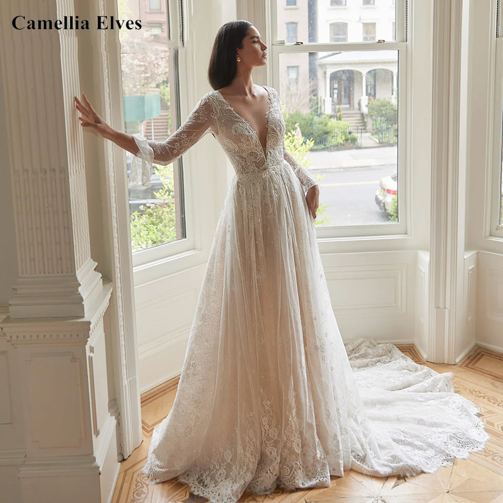 Elegant Deep V Neck Wedding Dress A Line Luxury Appliques Long Sleeves Bride Gowns Court Train Modern Robe De Mariee
Elegant Deep V Neck Wedding Dress A Line Luxury Appliques Long Sleeves Bride Gowns Court Train Modern Robe De Mariee