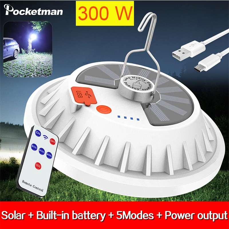 

300W Rechargeable LED Bulb Lamp Remote Control Solar Charge Lantern for Front Door, Yard, Garage, Deck Outdoor Camping Home