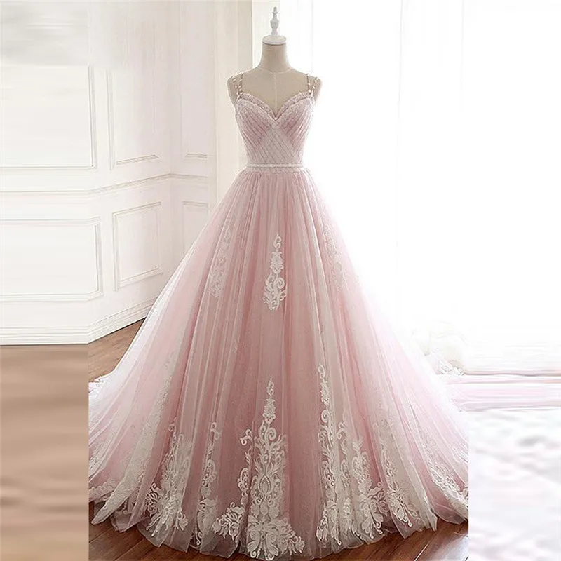 Sexy Spaghetti Strips Pink Wedding Dress With Lace Appliques A-Line Bridal Gowns Lace Up Back Vestidos De Mariee New Fashionable
Sexy Spaghetti Strips Pink Wedding Dress With Lace Appliques A-Line Bridal Gowns Lace Up Back Vestidos De Mariee New Fashionable