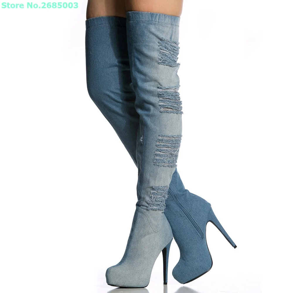 Ripped Denim Thigh High Heels Boots Round Toe Platfrom Over The Knee Zipped Women Concise Fashion Party Dress Boots Shoes Spring
Ripped Denim Thigh High Heels Boots Round Toe Platfrom Over The Knee Zipped Women Concise Fashion Party Dress Boots Shoes Spring