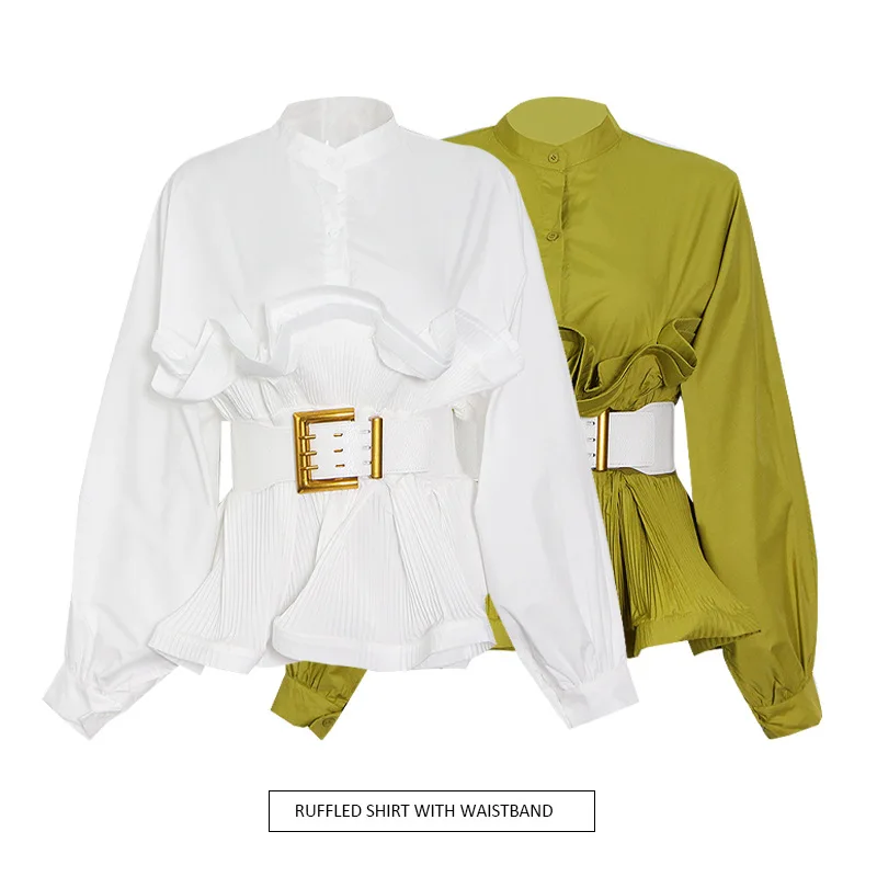 Chic Design Women Solid Color Shirts 2021 Summer Latest O-neck Single-breasted Full Sleeve Ruffles + Sashes Lady Elegant Blouses
Chic Design Women Solid Color Shirts 2021 Summer Latest O-neck Single-breasted Full Sleeve Ruffles + Sashes Lady Elegant Blouses