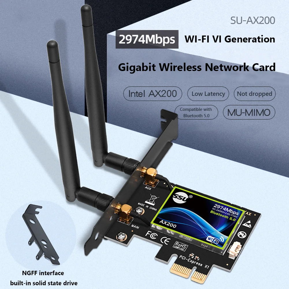 SU-AX200 двухдиапазонный 2974 Мбит/с Wifi PCI-E 1X Беспроводной Адаптер 2,4/5 ГГц Bluetooth-совместимый 5,1 WiFi приемник сетевая карта адаптер
SU-AX200 двухдиапазонный 2974 Мбит/с Wifi PCI-E 1X Беспроводной Адаптер 2,4/5 ГГц Bluetooth-совместимый 5,1 WiFi приемник сетевая карта адаптер