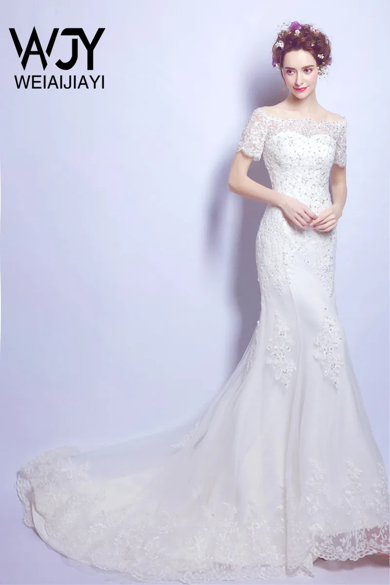 Fashion Boat Neck Mermaid Short Sleeves Wedding Lace Dresses Bridal Gowns Lace Cheap Lady Dress vestido de novia robe de mariee
Fashion Boat Neck Mermaid Short Sleeves Wedding Lace Dresses Bridal Gowns Lace Cheap Lady Dress vestido de novia robe de mariee