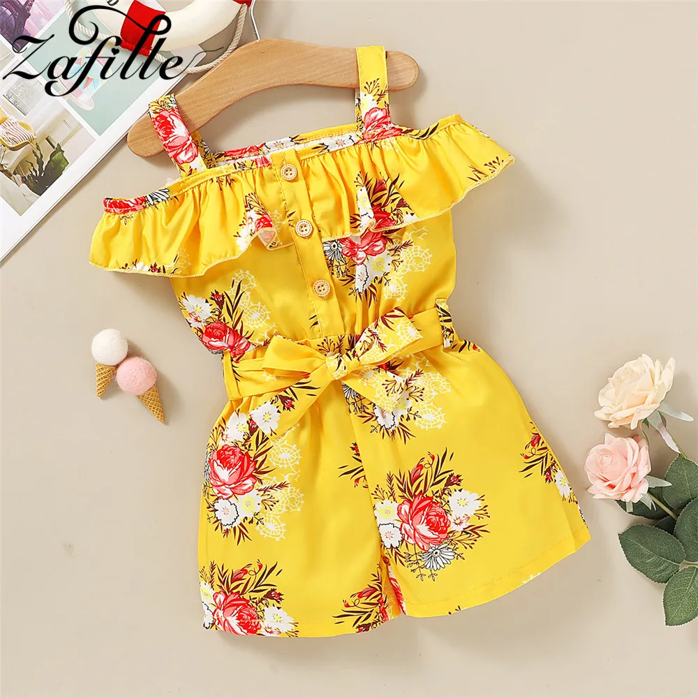 

ZAFILLE Baby Playsuit Floral Belted Girl Jumpsuit For Girls 2021 Off Shoulder Summer Overalls For Children Toddler Girl Clothes