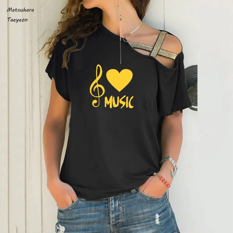 Fashion Love Music Printing Shirts Women Summer Cotton Short Sleeve Tee Shirt Femme Sexy Irregular Shoulder Women's Clothing
Fashion Love Music Printing Shirts Women Summer Cotton Short Sleeve Tee Shirt Femme Sexy Irregular Shoulder Women's Clothing