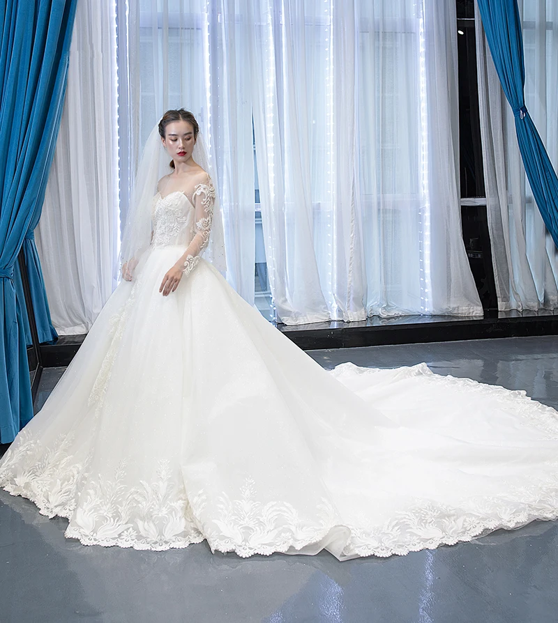 Кружевное свадебное платье J67022 2020 с круглым вырезом длинными рукавами