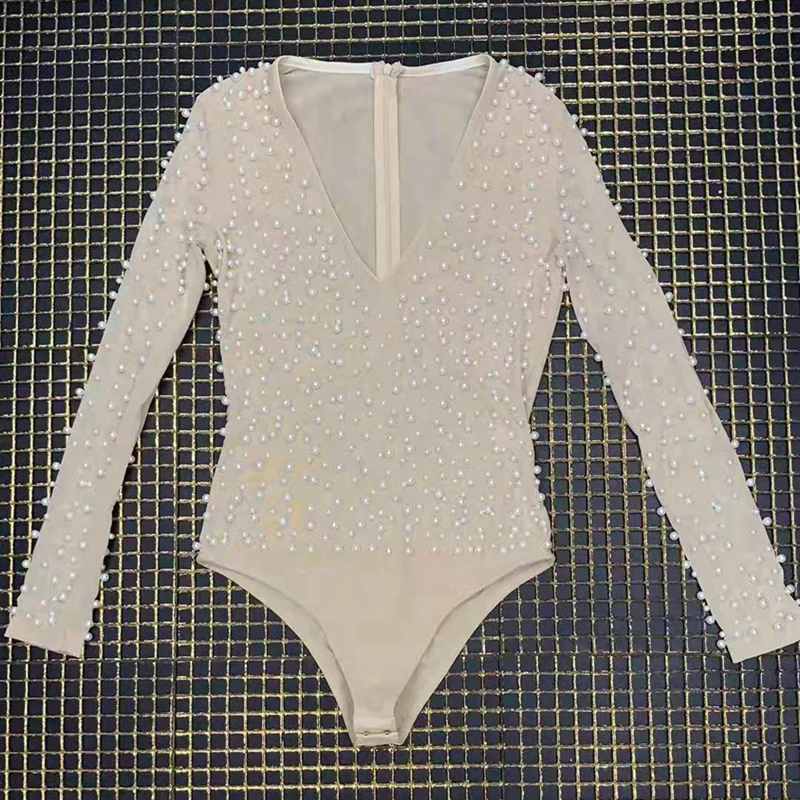 Chic Summer V Neck Sexy Bodysuit Women Beads Long Sleeve Bodysuit See Through Mesh With Beading Clubwear Party Jumpsuits 2019 
Chic Summer V Neck Sexy Bodysuit Women Beads Long Sleeve Bodysuit See Through Mesh With Beading Clubwear Party Jumpsuits 2019