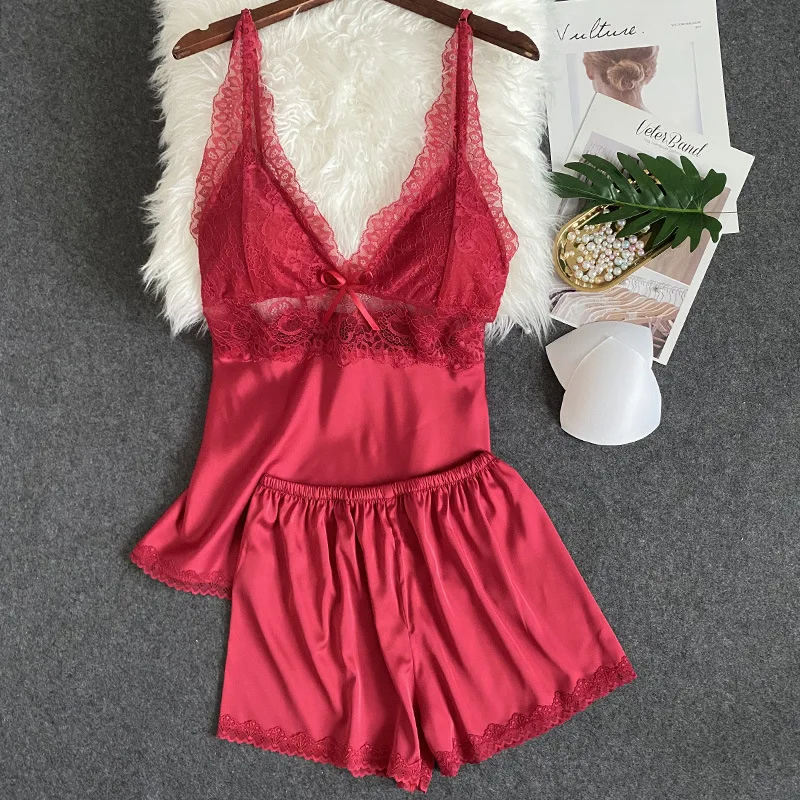 Sexy Lace Pajamas Home Service Suit Satin High-quality Thin Short-sleeved Pants Two-piece Ladies Pajama
Sexy Lace Pajamas Home Service Suit Satin High-quality Thin Short-sleeved Pants Two-piece Ladies Pajama