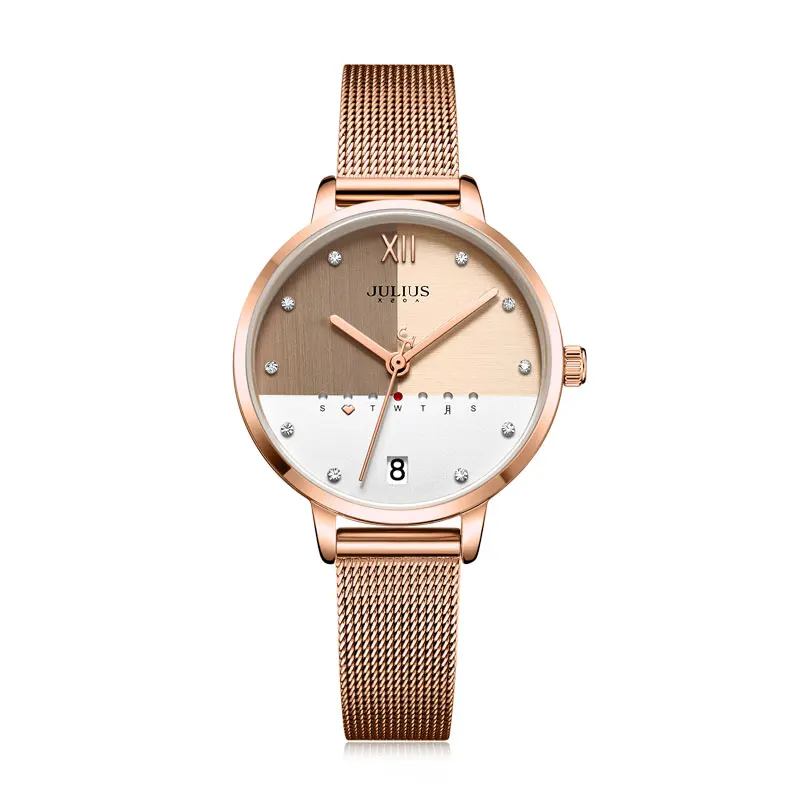 

Julius Watch Stainless Steel Mesh Band Elegant Women's Business Watch With Calendar Day Rose Gold Multi Color Dial Clock JA-1100
