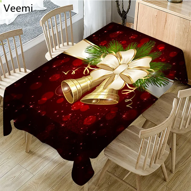 

Cartoon Christmas Bell 100% Polyester Tablecloth Red Elk Waterproof Dining Table Cover Christmas Decoration for Party Banquet