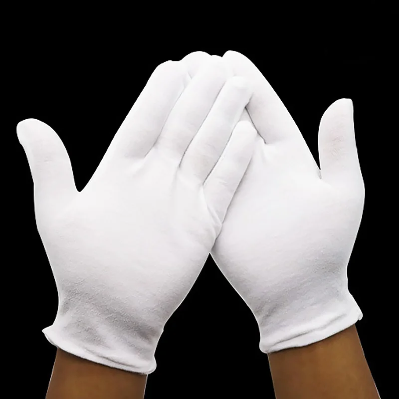 

Белые хлопковые перчатки для мужчин и женщин, эластичные мягкие варежки для официантов, на весь палец, для вождения, ювелирных изделий, впитывающие пот перчатки, 1 пара