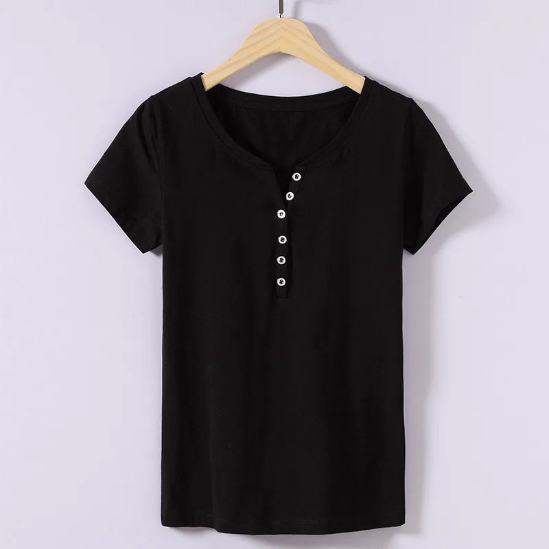 2021 women's new Korean solid color V-neck button short sleeve women's T-shirt slim cotton simple 1809
2021 women's new Korean solid color V-neck button short sleeve women's T-shirt slim cotton simple 1809