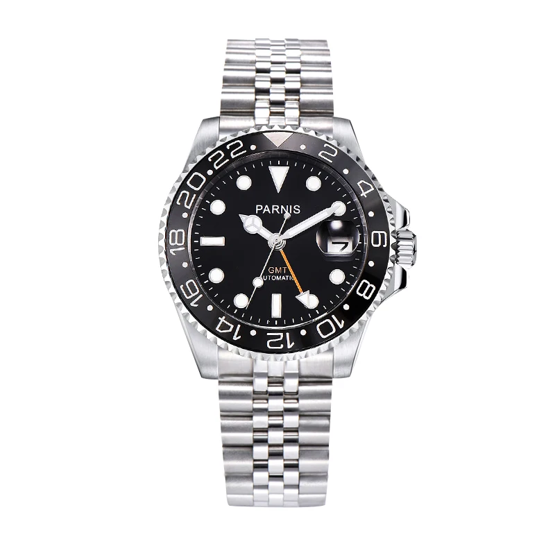 

New Fashion Parnis 40mm Black Bezel Mechanical Men Watches GMT Sapphire Crystal Automatic Calendar Man Sports Watch reloj hombre
